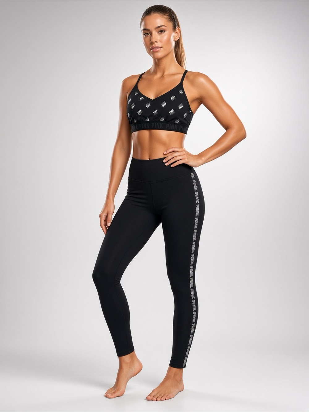 Pink Victoria’s Secret Athleisure 2 Pc Spellout Set Leggings Sports Bra SZ.L-XL